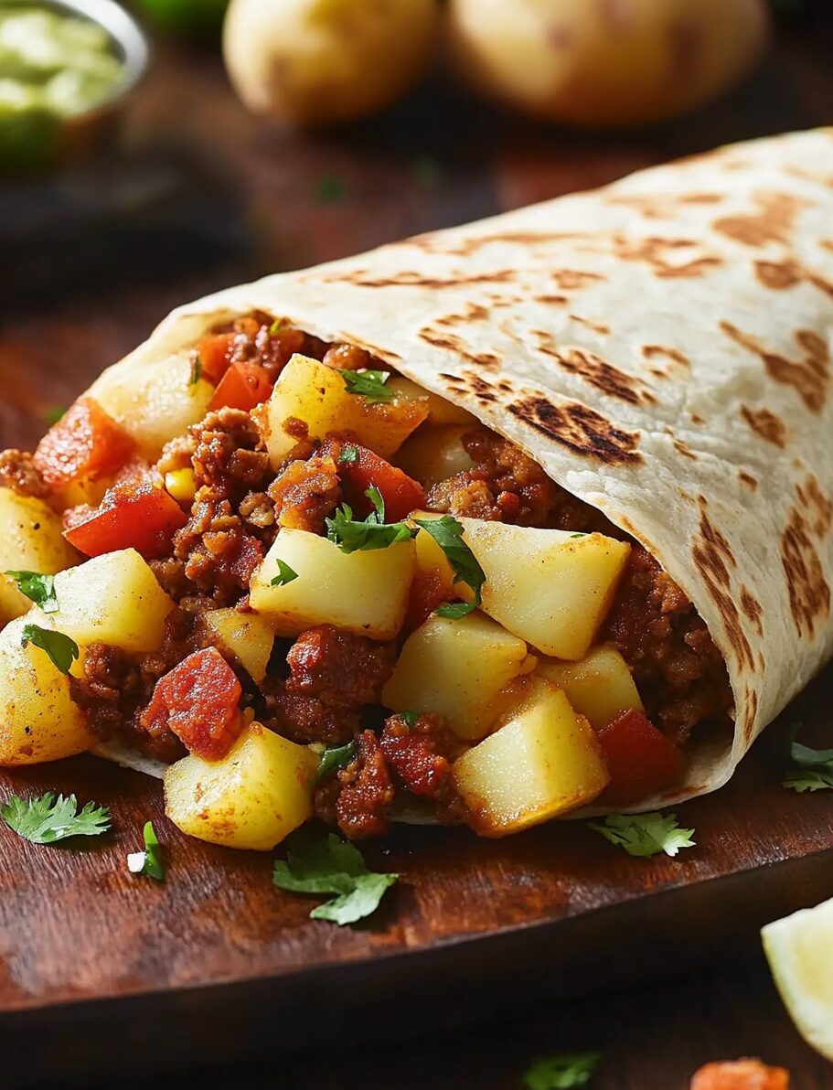 Breakfast Burrito with Potatoes and Chorizo