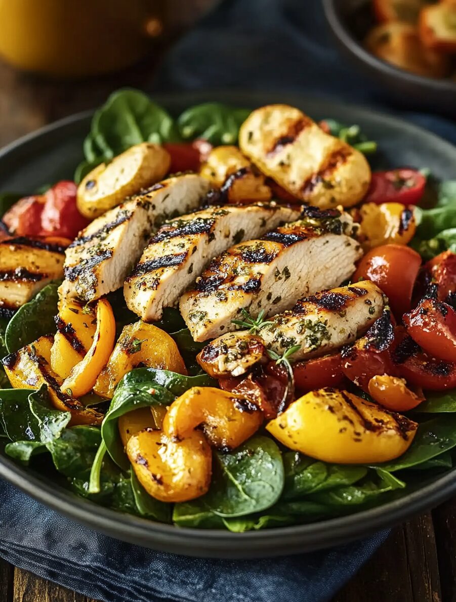 Spinach Salad with Grilled Veggies and Herb Chicken
