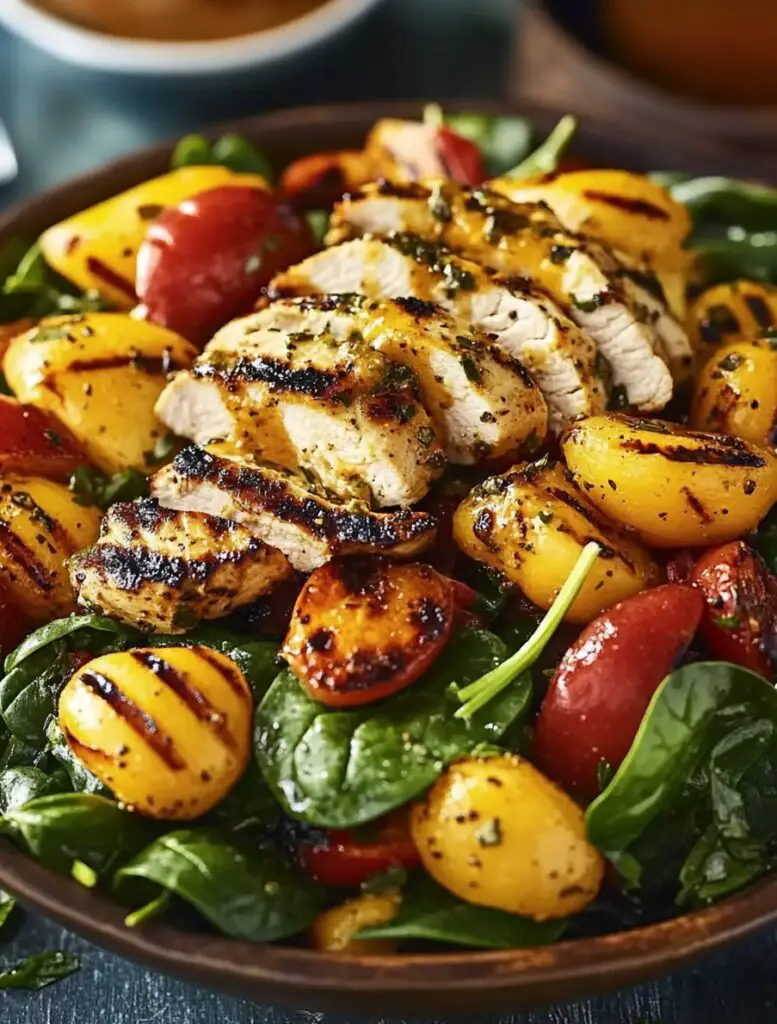 Spinach Salad with Grilled Veggies and Herb Chicken
