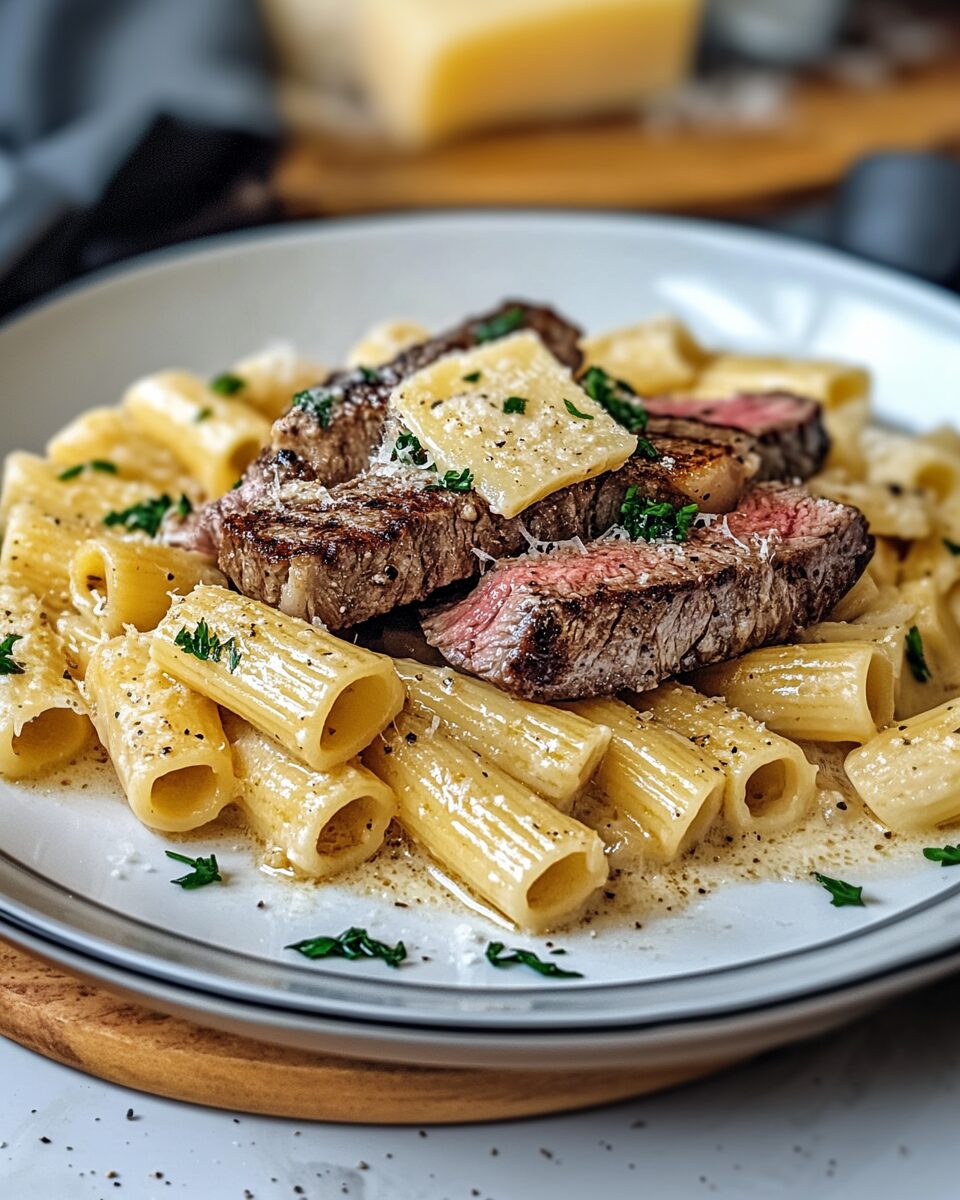 Garlic Butter Steak with Creamy Parmesan Rigatoni