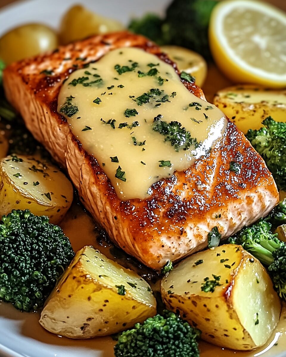 Lemon Butter Salmon with Crispy Potatoes and Broccoli