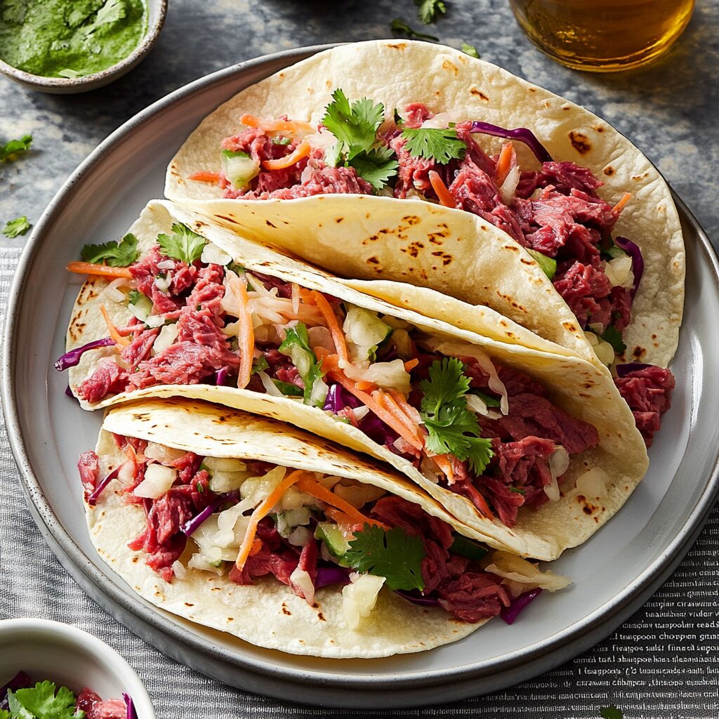 Corned Beef Tacos with Swiss & Caraway Slaw