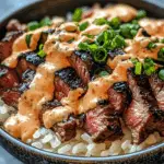 Korean BBQ Steak Rice Bowls with Spicy Cream Sauce