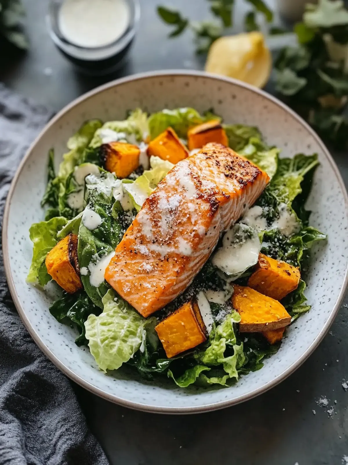 Delicious Salmon Caesar Salad with a Sweet Potato Surprise 4 Fresh and Flavorful Salmon and Caesar Salad with a Yummy Sweet Potato Twist