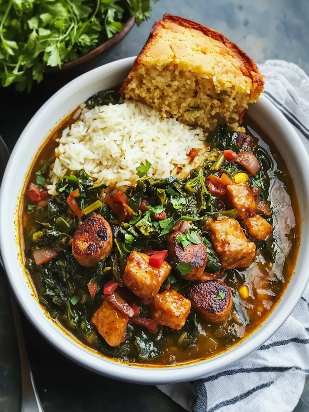 Southern Gumbo Greens with Cabbage Rice and Sweet Cornbread 3 Gumbo Greens with Cabbage Rice and Cornbread