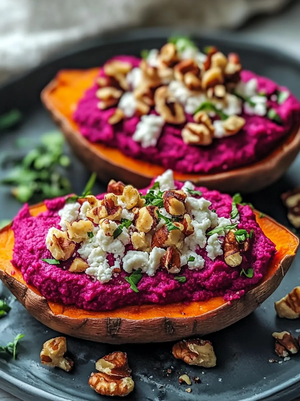 Stuffed Sweet Potato with Beet Hummus, Goat Cheese & Magic Walnuts 2 Stuffed Sweet Potato with Beet Hummus, Goat Cheese & Toasted Walnuts
