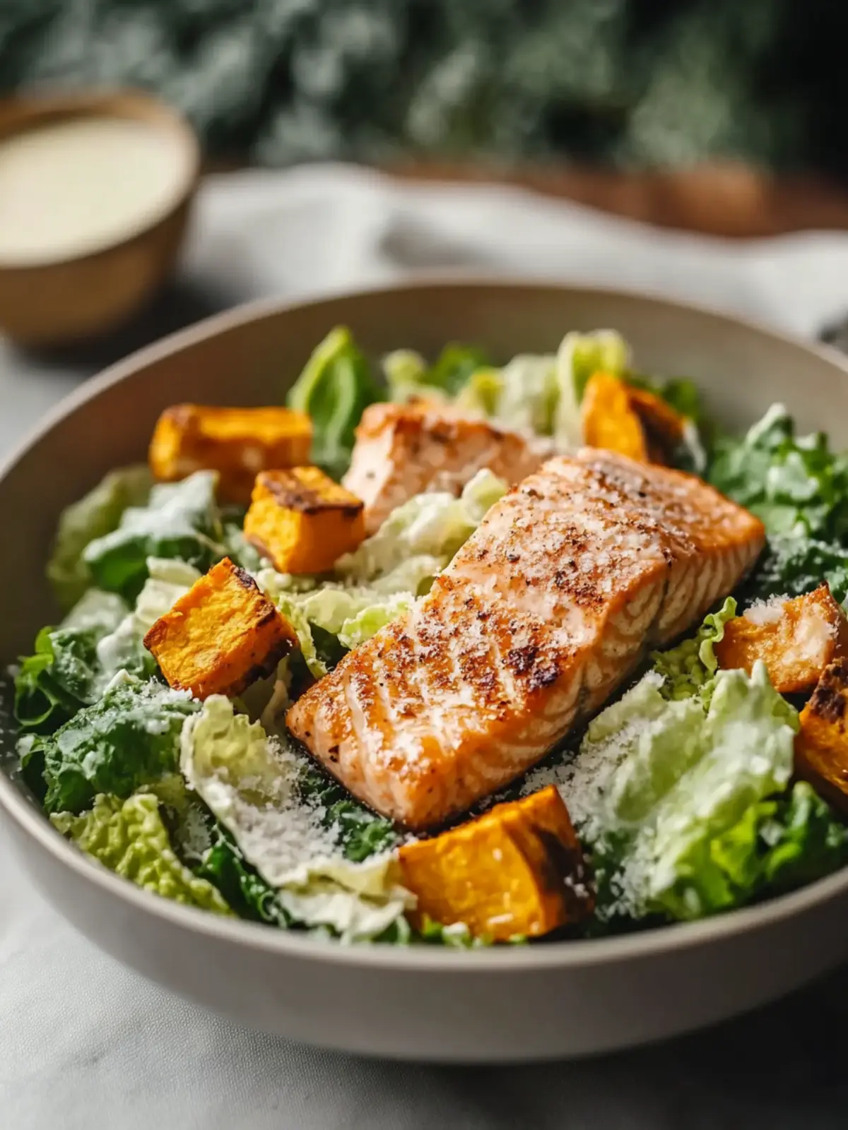 Delicious Salmon Caesar Salad with a Sweet Potato Surprise 3 Fresh and Flavorful Salmon and Caesar Salad with a Yummy Sweet Potato Twist