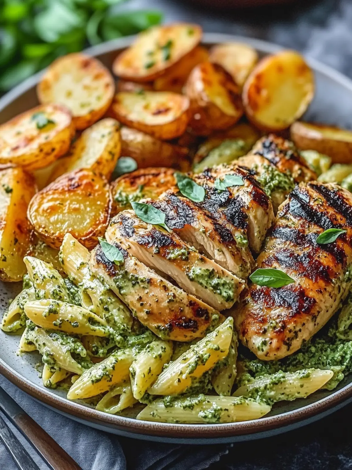 Loaded Herb Grilled Chicken with Creamy Pesto Pasta Bliss 4 Loaded Herb Grilled Chicken with Creamy Pesto Pasta & Roasted Potatoes