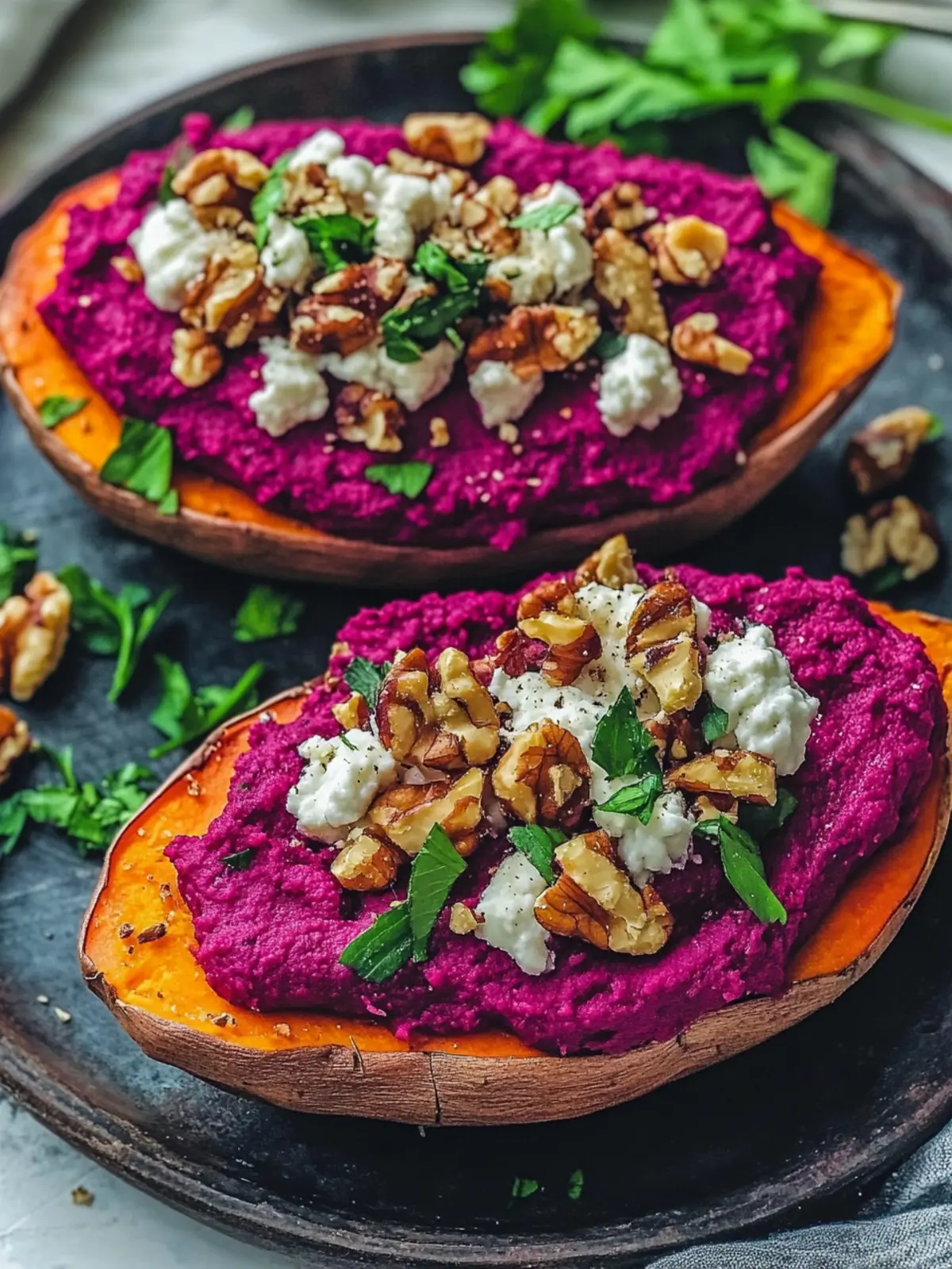 Stuffed Sweet Potato with Beet Hummus, Goat Cheese & Magic Walnuts 3 Stuffed Sweet Potato with Beet Hummus, Goat Cheese & Toasted Walnuts