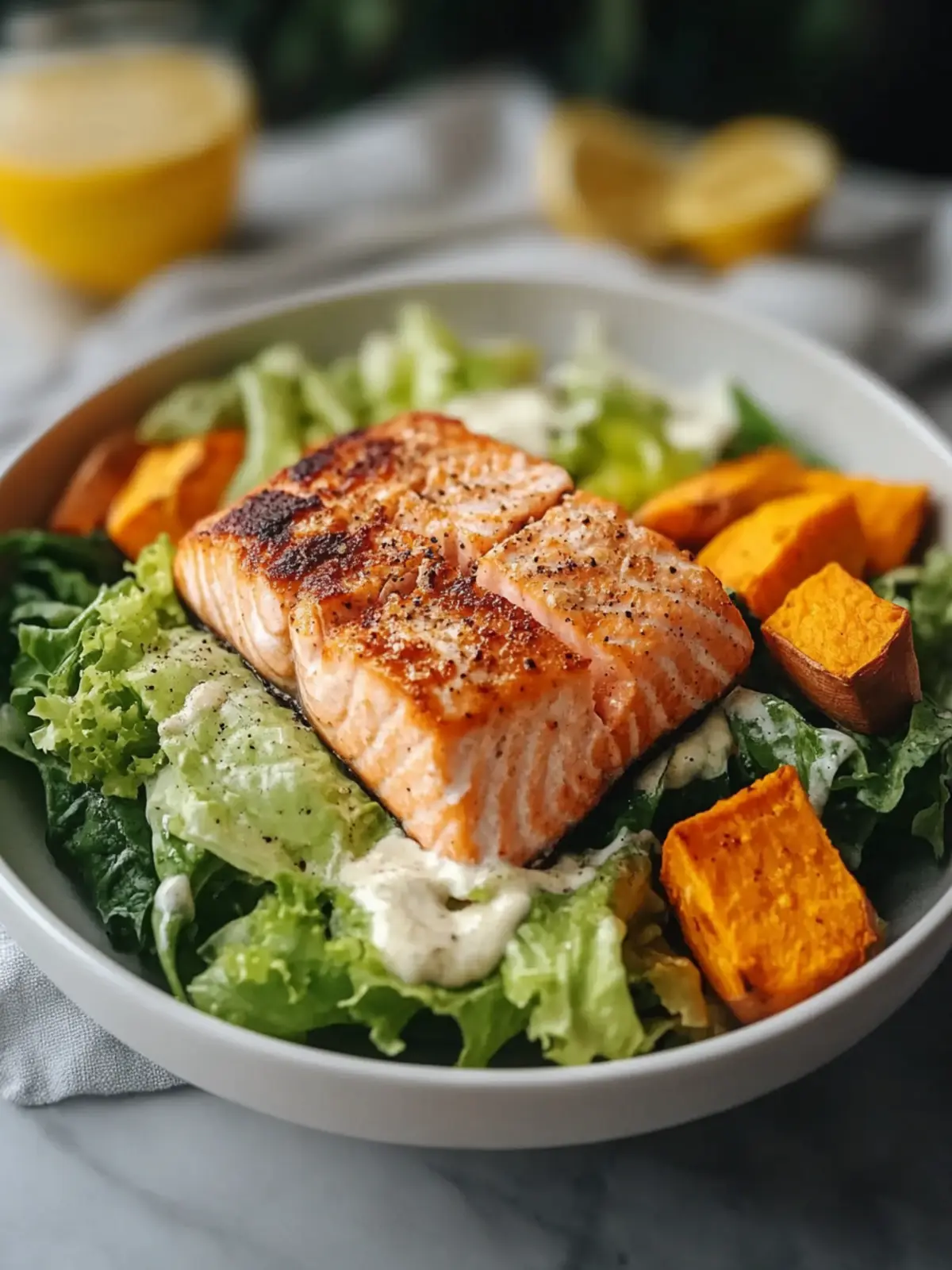 Delicious Salmon Caesar Salad with a Sweet Potato Surprise 5 Fresh and Flavorful Salmon and Caesar Salad with a Yummy Sweet Potato Twist