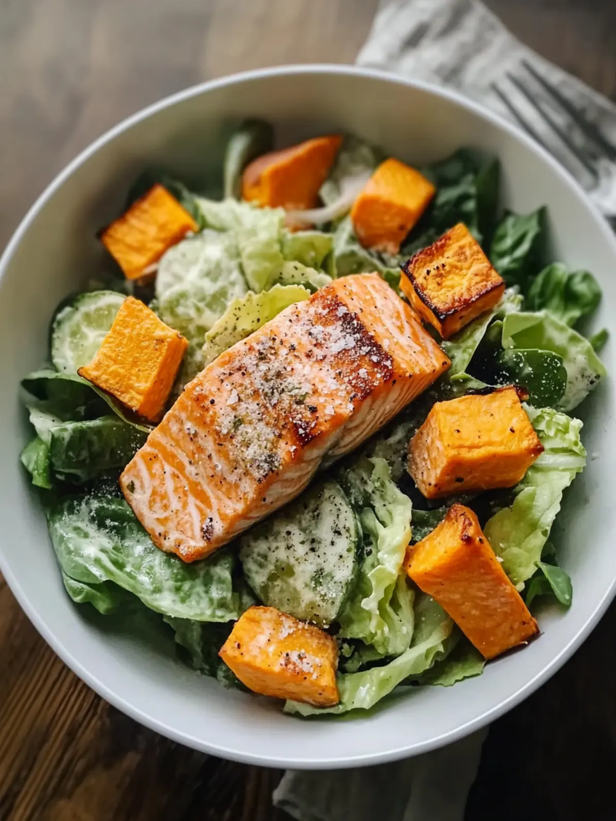 Delicious Salmon Caesar Salad with a Sweet Potato Surprise 2 Fresh and Flavorful Salmon and Caesar Salad with a Yummy Sweet Potato Twist