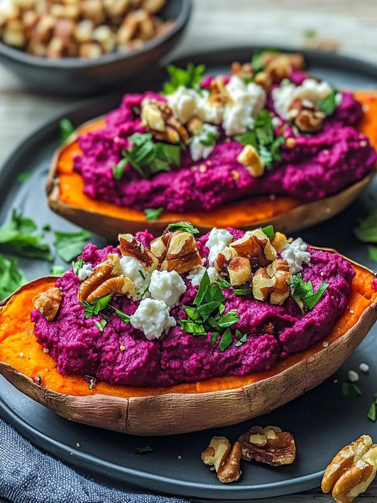 Stuffed Sweet Potato with Beet Hummus, Goat Cheese & Magic Walnuts 4 Stuffed Sweet Potato with Beet Hummus, Goat Cheese & Toasted Walnuts