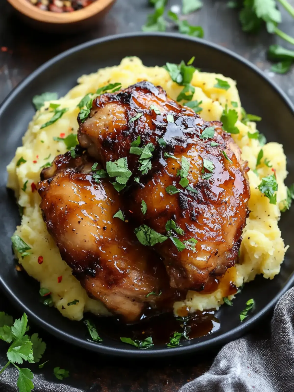 Chipotle Honey Chicken Thighs Over Smoky Gouda Mashed Potatoes 3 Chipotle Honey Chicken Thighs with Smoked Gouda Mashed Potatoes