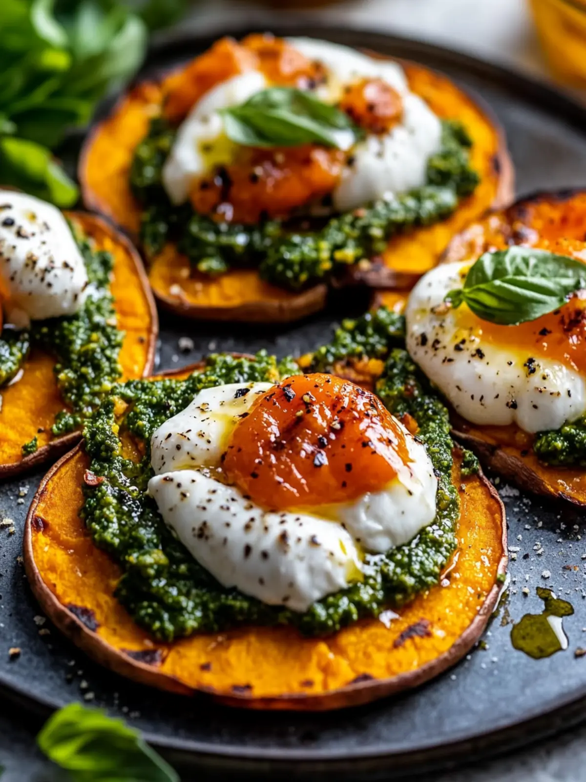 Smashed Sweet Potato Pizzas with Molten Burrata & Pesto Delight 4 Smashed Sweet Potato Pizzas with Molten Burrata & Pesto