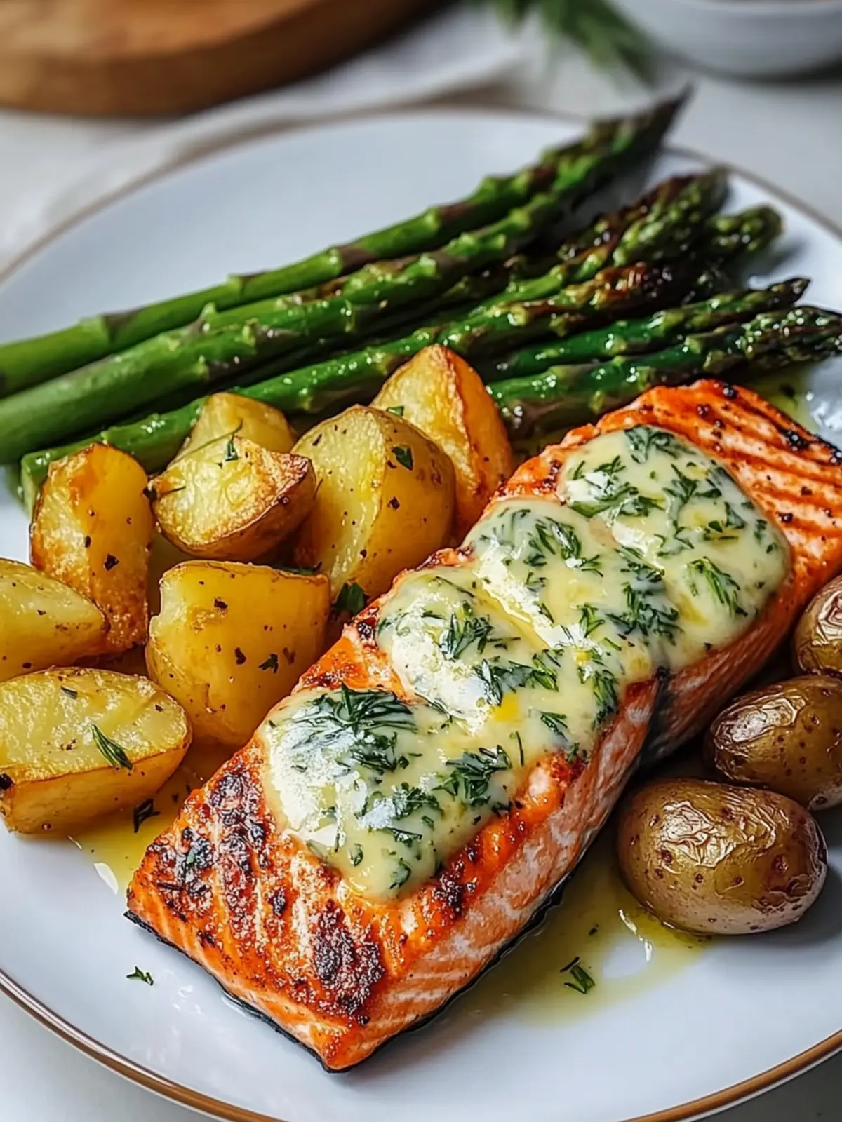 Garlic Herb Salmon Plate with Crispy Potatoes & Cheesy Asparagus 3 Garlic Herb Salmon Plate with Roasted Potatoes & Cheesy Asparagus