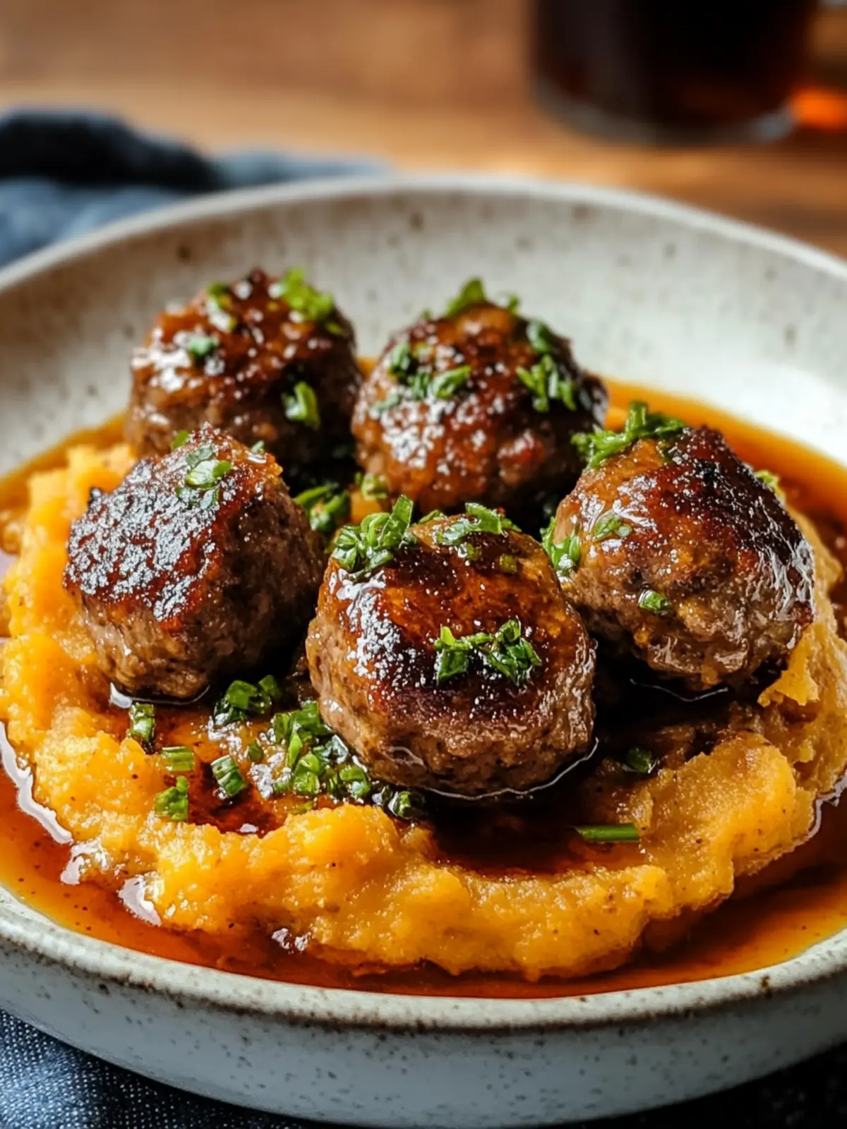 Pork Meatballs with Sweet Potato Mash & Bourbon-Maple Glory 5 Pork Meatballs with Sweet Potato Mash & Bourbon-Maple Sauce
