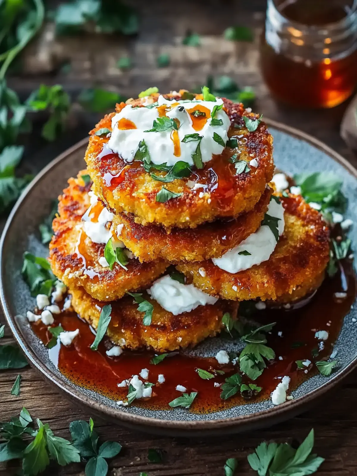Crispy Sweet Potato Cakes with Feta Cream & Sriracha Honey Bliss 4 Crispy Sweet Potato Cakes with Feta Cream & Sriracha Honey