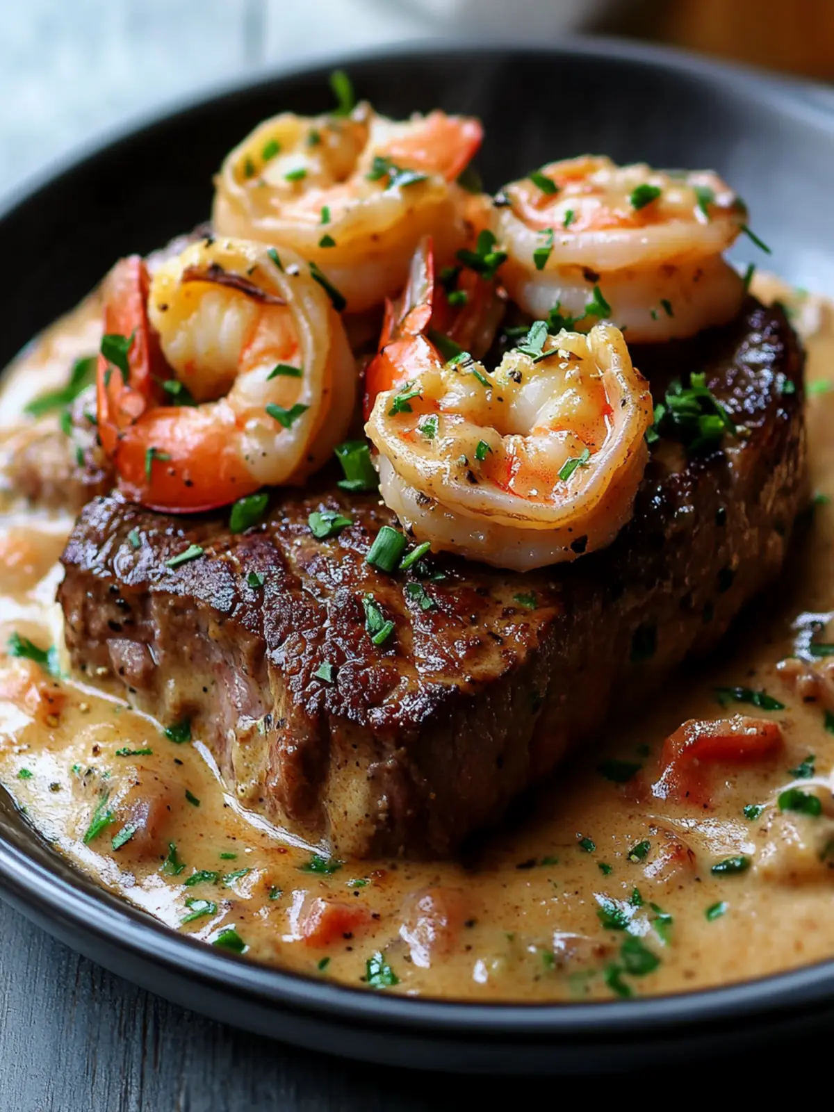 Steak with Creamy Cajun Shrimp Sauce: Easy One-Pan Delight 2 Steak with Creamy Cajun Shrimp Sauce – Creamy One-Pan Dinner