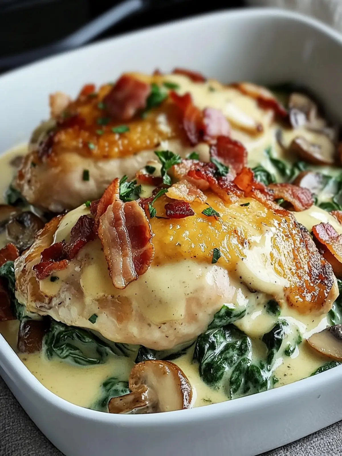 Smothered Chicken with Creamed Spinach Bacon and Mushrooms Delight 2 Smothered Chicken with Creamed Spinach Bacon And Mushrooms