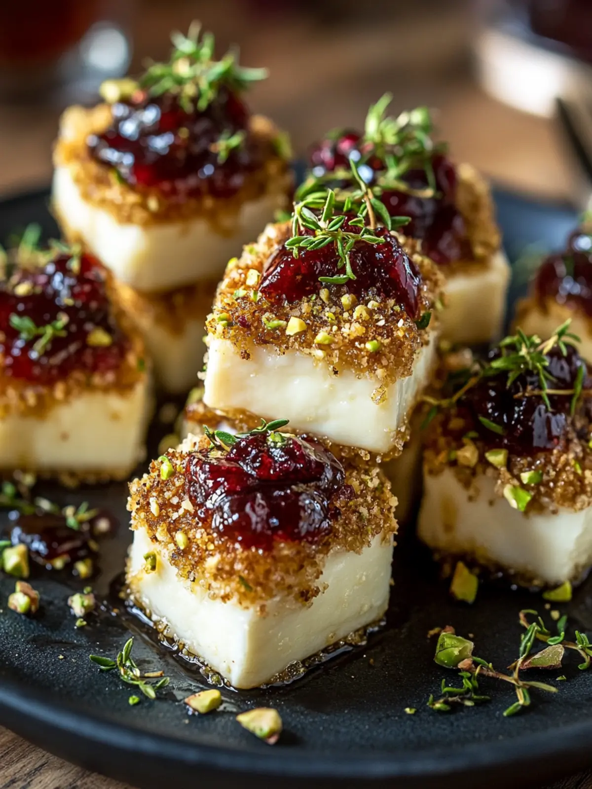 Pistachio Crusted Brie Bites with Cranberry Honey Glaze Delight 4 Pistachio Crusted Brie Bites with Cranberry Honey Glaze