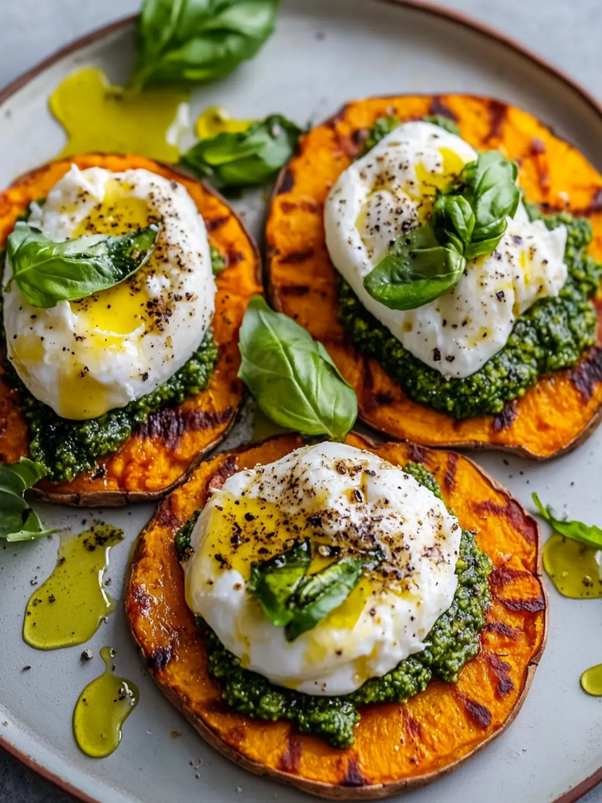 Smashed Sweet Potato Pizzas with Molten Burrata & Pesto Delight 3 Smashed Sweet Potato Pizzas with Molten Burrata & Pesto