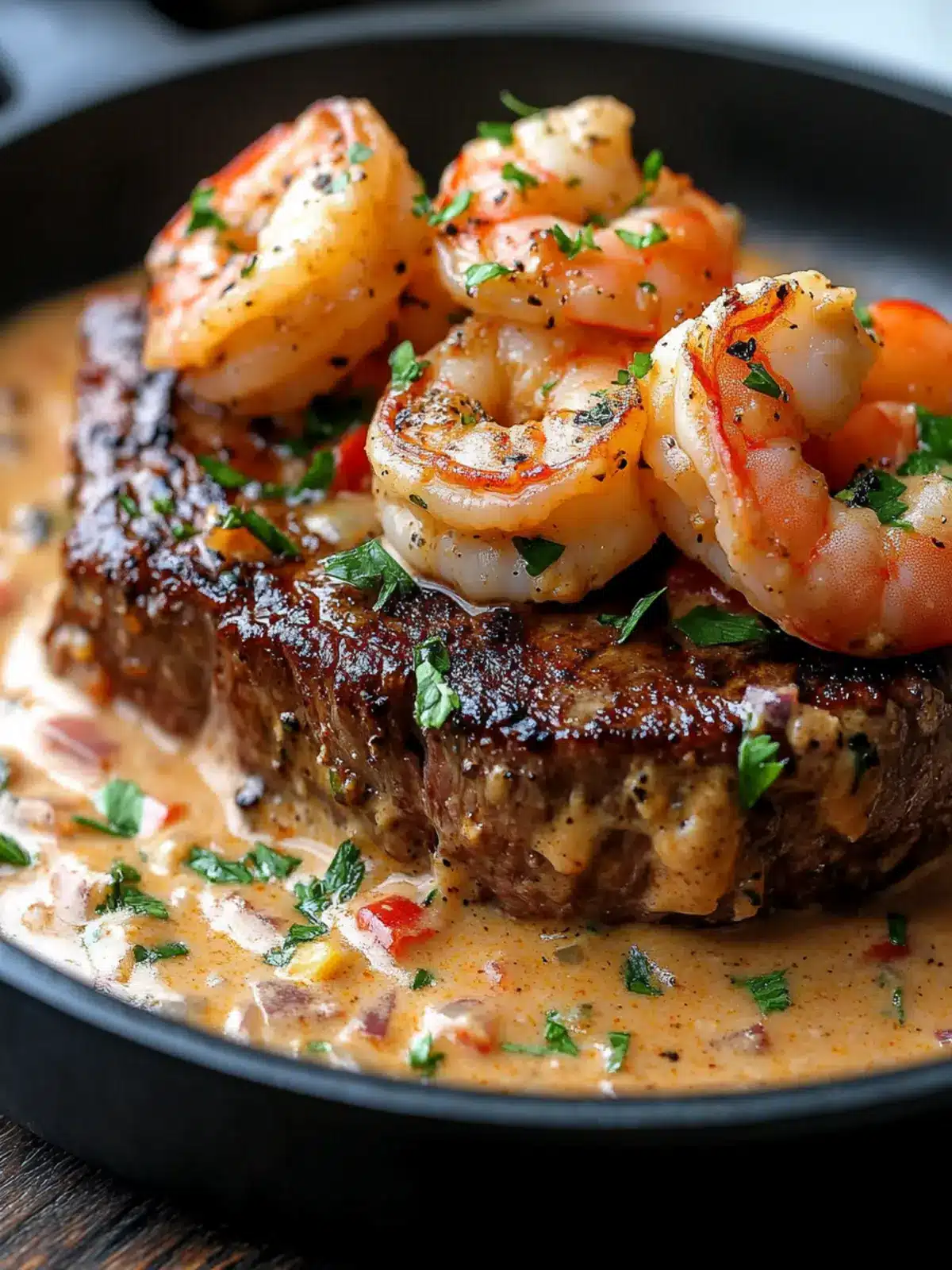 Steak with Creamy Cajun Shrimp Sauce: Easy One-Pan Delight 4 Steak with Creamy Cajun Shrimp Sauce – Creamy One-Pan Dinner