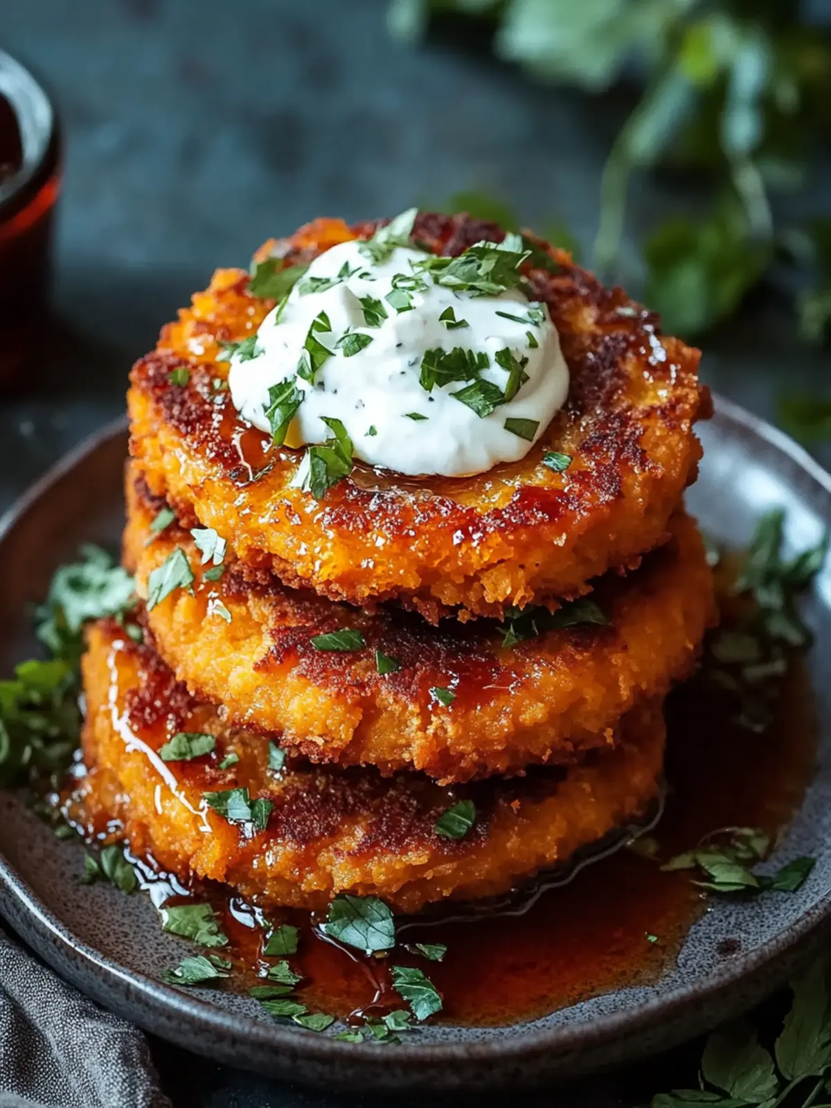 Crispy Sweet Potato Cakes with Feta Cream & Sriracha Honey Bliss 5 Crispy Sweet Potato Cakes with Feta Cream & Sriracha Honey