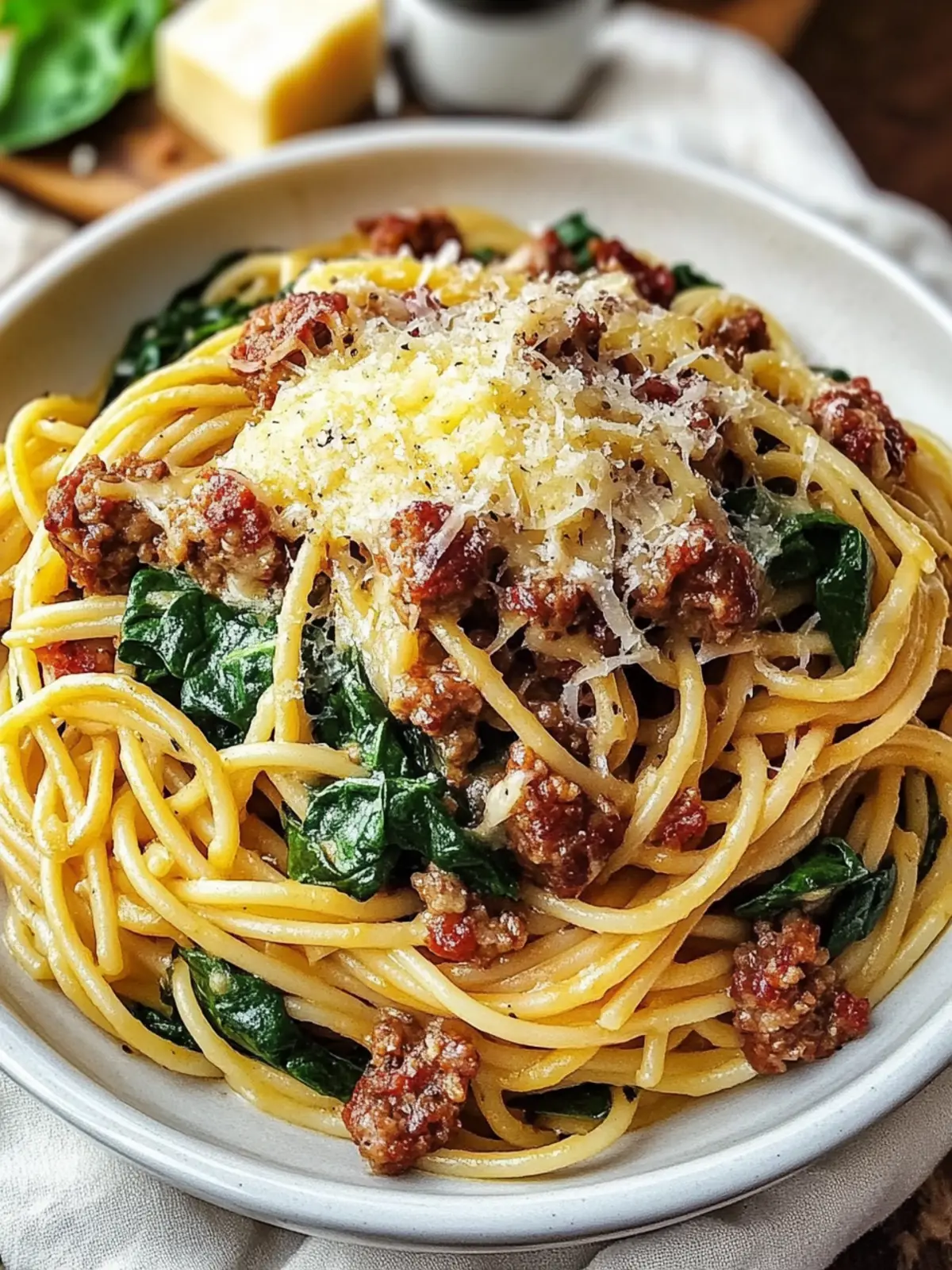 Garlic Butter Spaghetti with Cheesy Sausage and Spinach Bliss 4 Garlic Butter Spaghetti with Cheesy Italian Sausage and Spinach