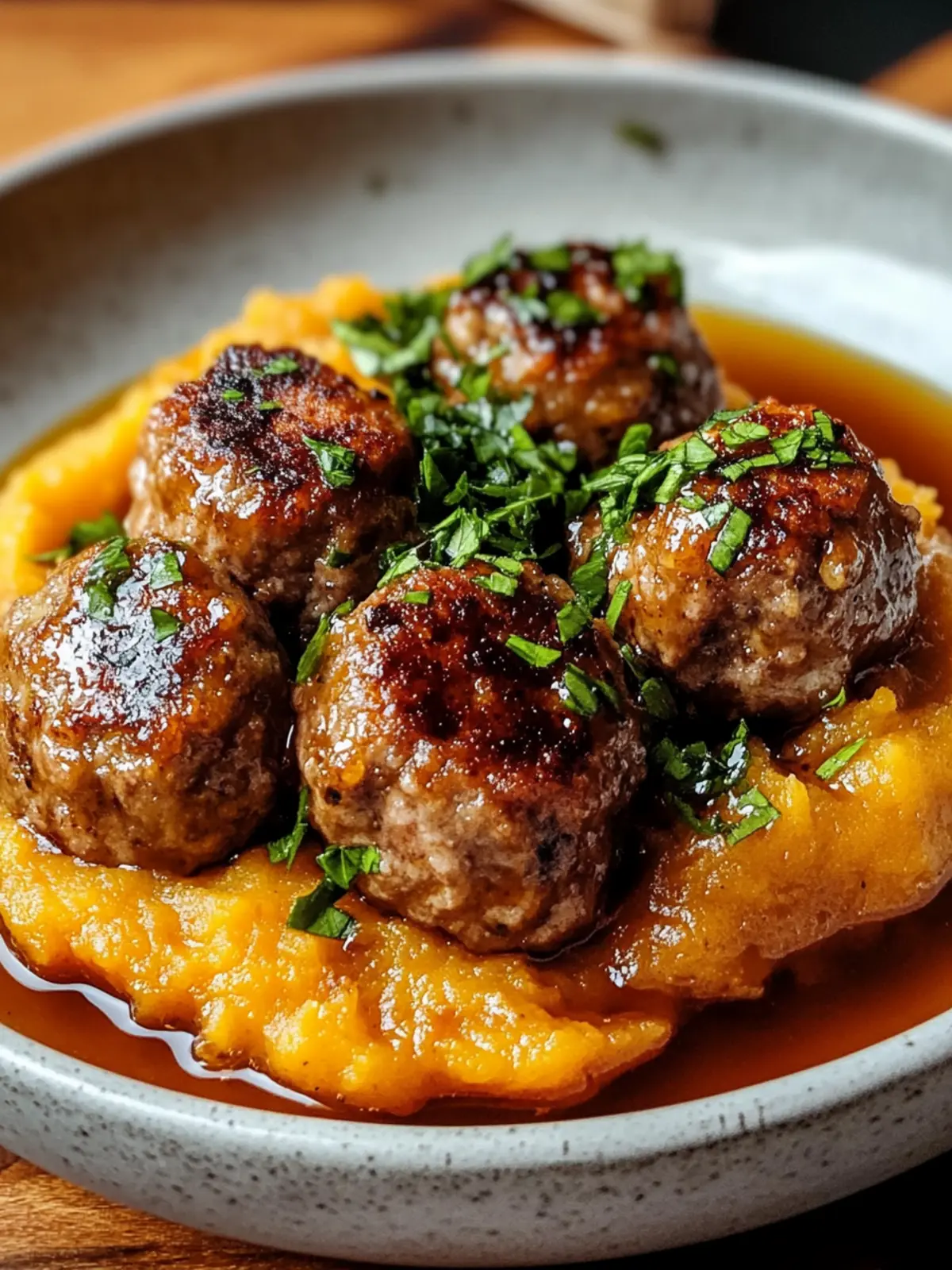Pork Meatballs with Sweet Potato Mash & Bourbon-Maple Glory 3 Pork Meatballs with Sweet Potato Mash & Bourbon-Maple Sauce