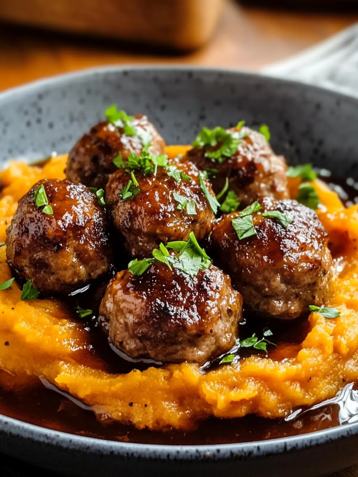 Pork Meatballs with Sweet Potato Mash & Bourbon-Maple Glory 4 Pork Meatballs with Sweet Potato Mash & Bourbon-Maple Sauce