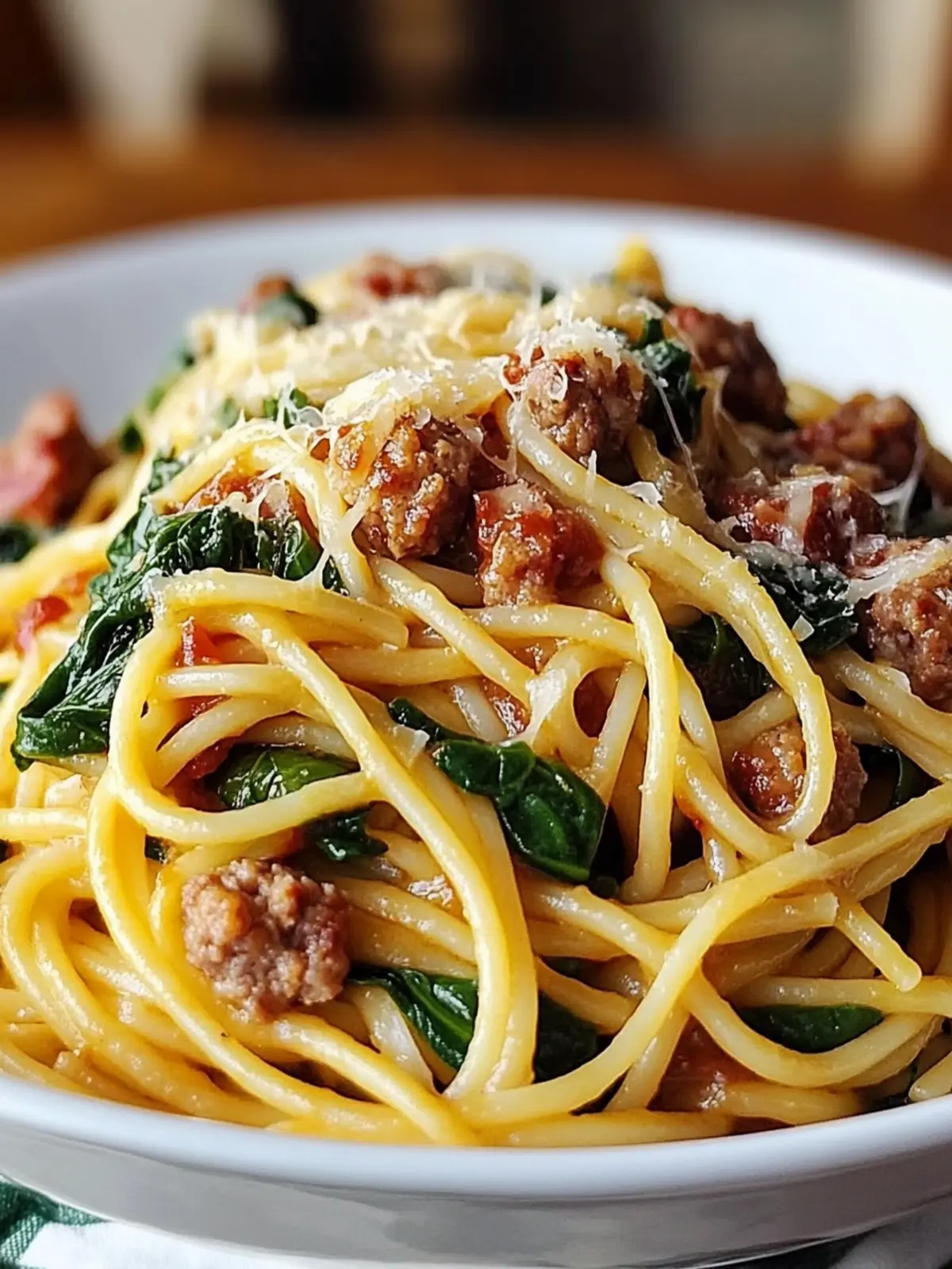 Garlic Butter Spaghetti with Cheesy Sausage and Spinach Bliss 2 Garlic Butter Spaghetti with Cheesy Italian Sausage and Spinach