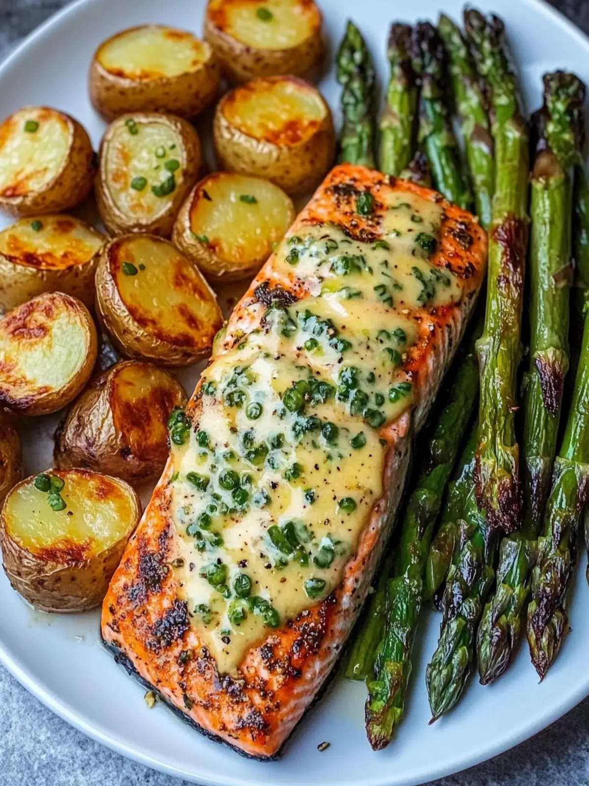 Garlic Herb Salmon Plate with Crispy Potatoes & Cheesy Asparagus 5 Garlic Herb Salmon Plate with Roasted Potatoes & Cheesy Asparagus