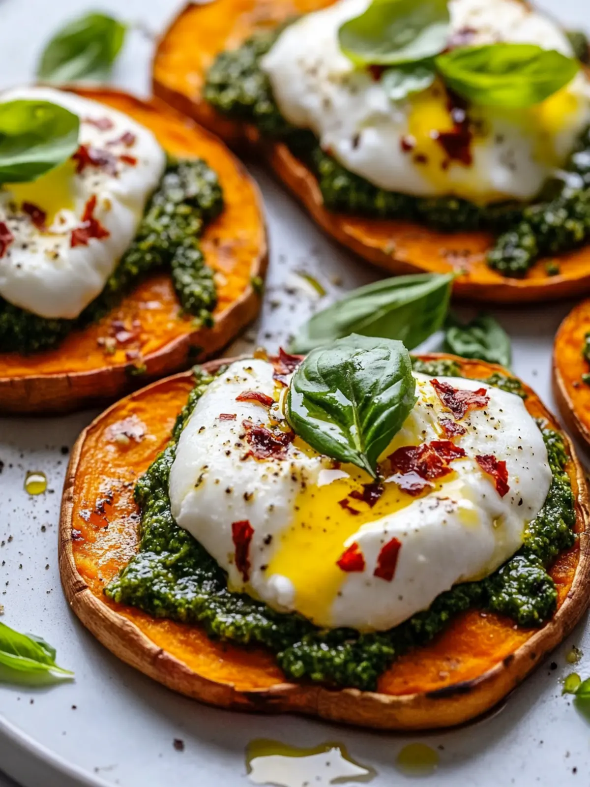 Smashed Sweet Potato Pizzas with Molten Burrata & Pesto Delight 2 Smashed Sweet Potato Pizzas with Molten Burrata & Pesto