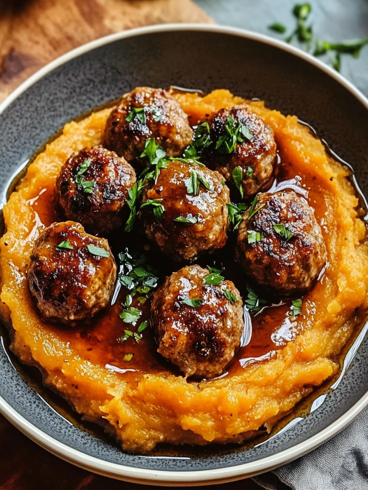 Pork Meatballs with Sweet Potato Mash & Bourbon-Maple Glory 2 Pork Meatballs with Sweet Potato Mash & Bourbon-Maple Sauce