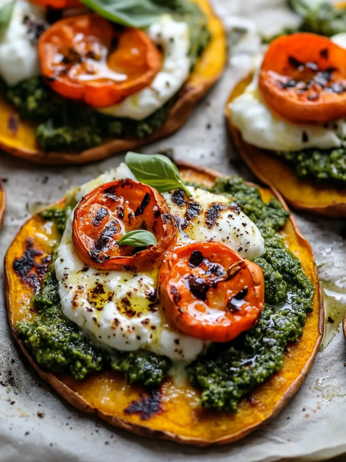 Smashed Sweet Potato Pizzas with Molten Burrata & Pesto Delight 5 Smashed Sweet Potato Pizzas with Molten Burrata & Pesto