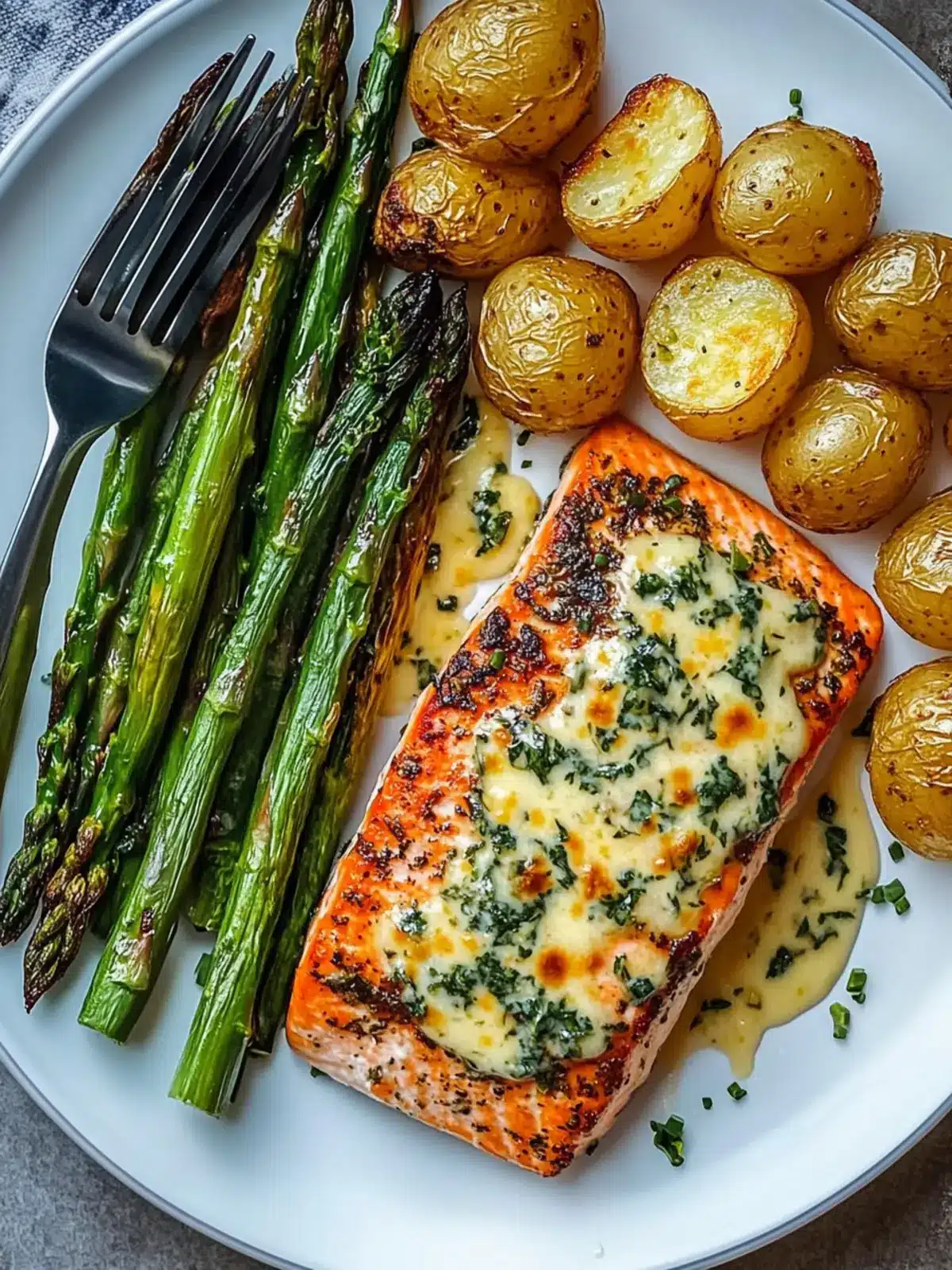 Garlic Herb Salmon Plate with Crispy Potatoes & Cheesy Asparagus 2 Garlic Herb Salmon Plate with Roasted Potatoes & Cheesy Asparagus