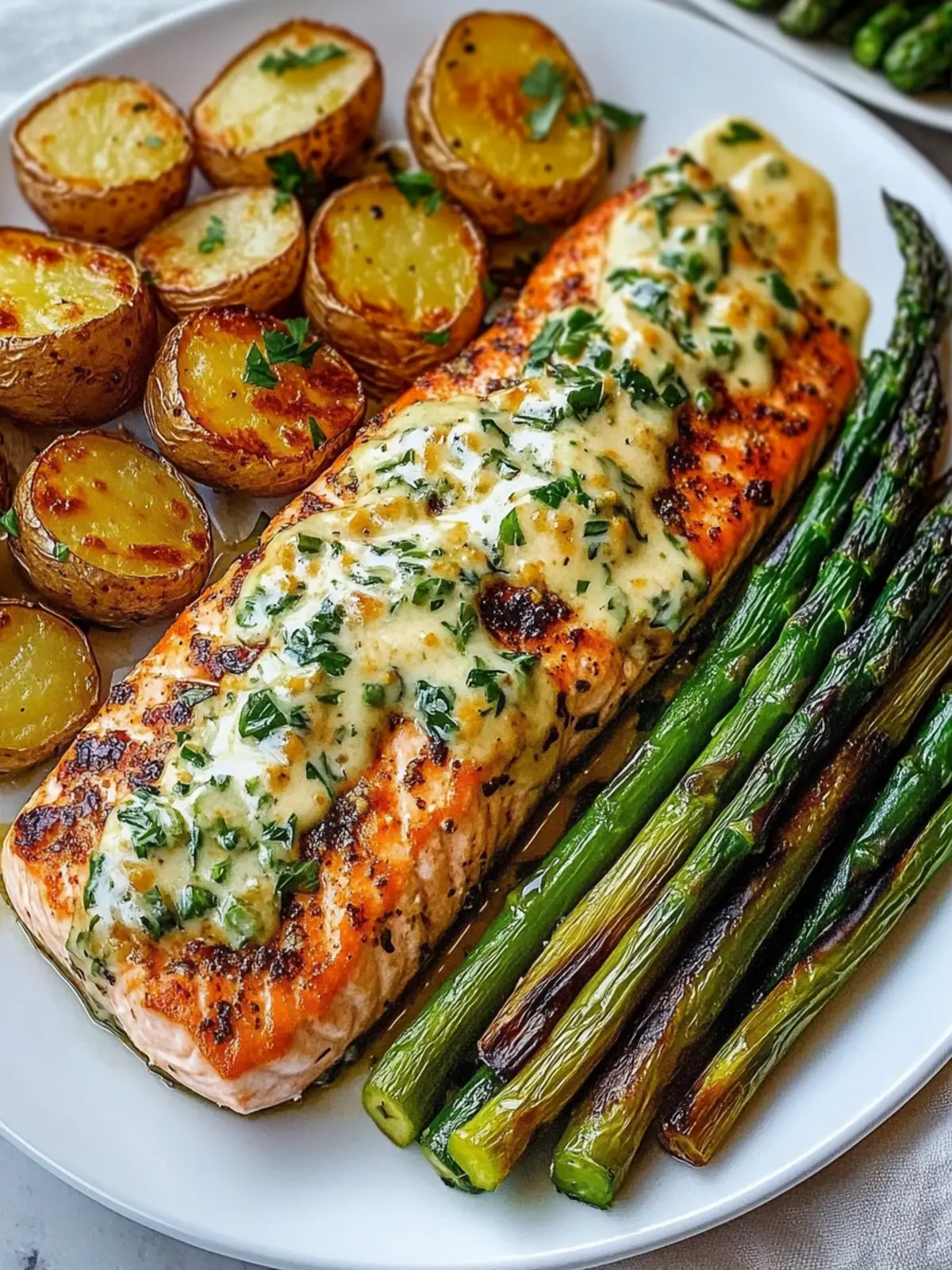 Garlic Herb Salmon Plate with Crispy Potatoes & Cheesy Asparagus 4 Garlic Herb Salmon Plate with Roasted Potatoes & Cheesy Asparagus