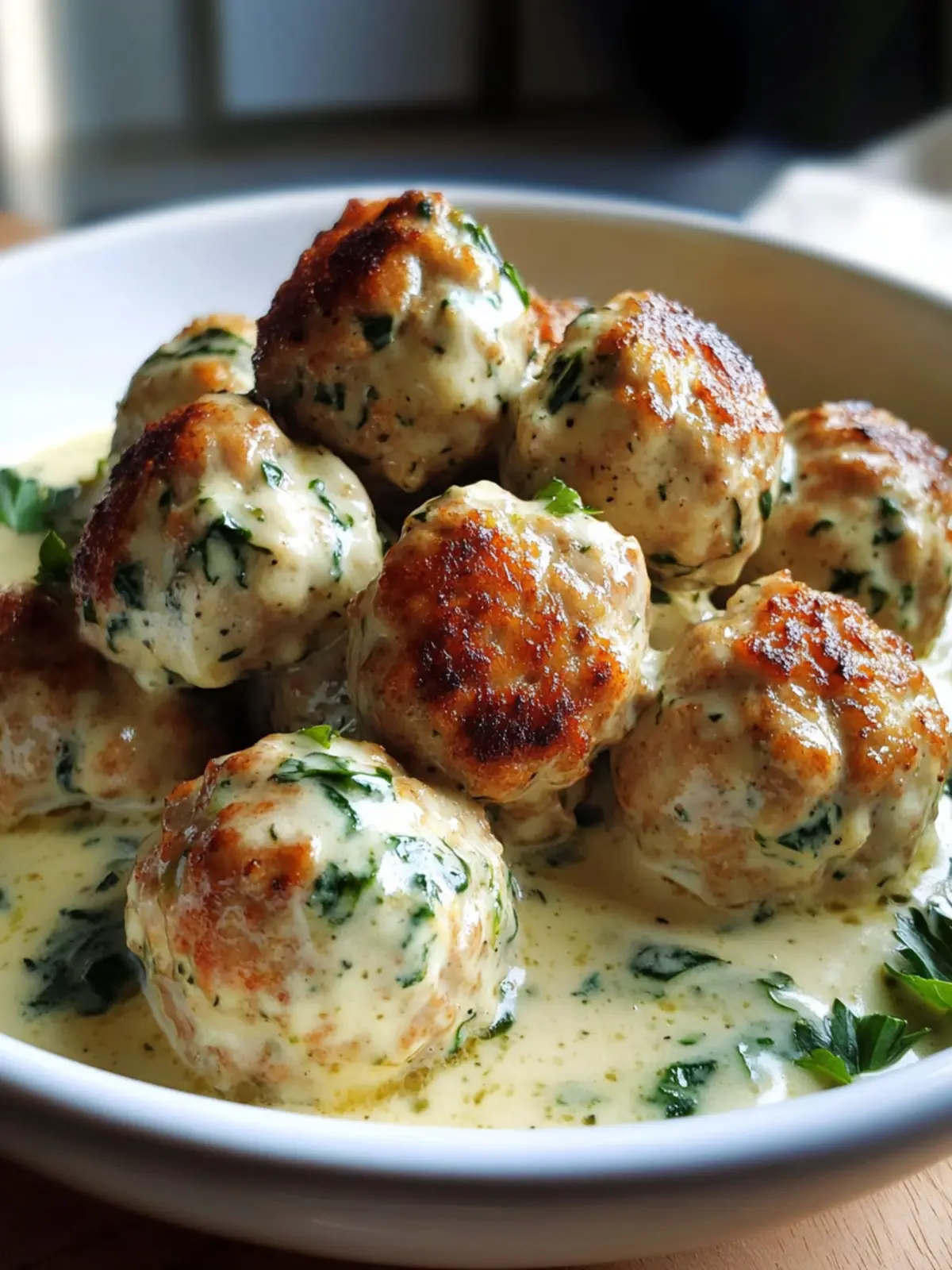Baked Chicken Ricotta Meatballs with Spinach Alfredo Bliss 4 Baked Chicken Ricotta Meatballs with Spinach Alfredo Sauce