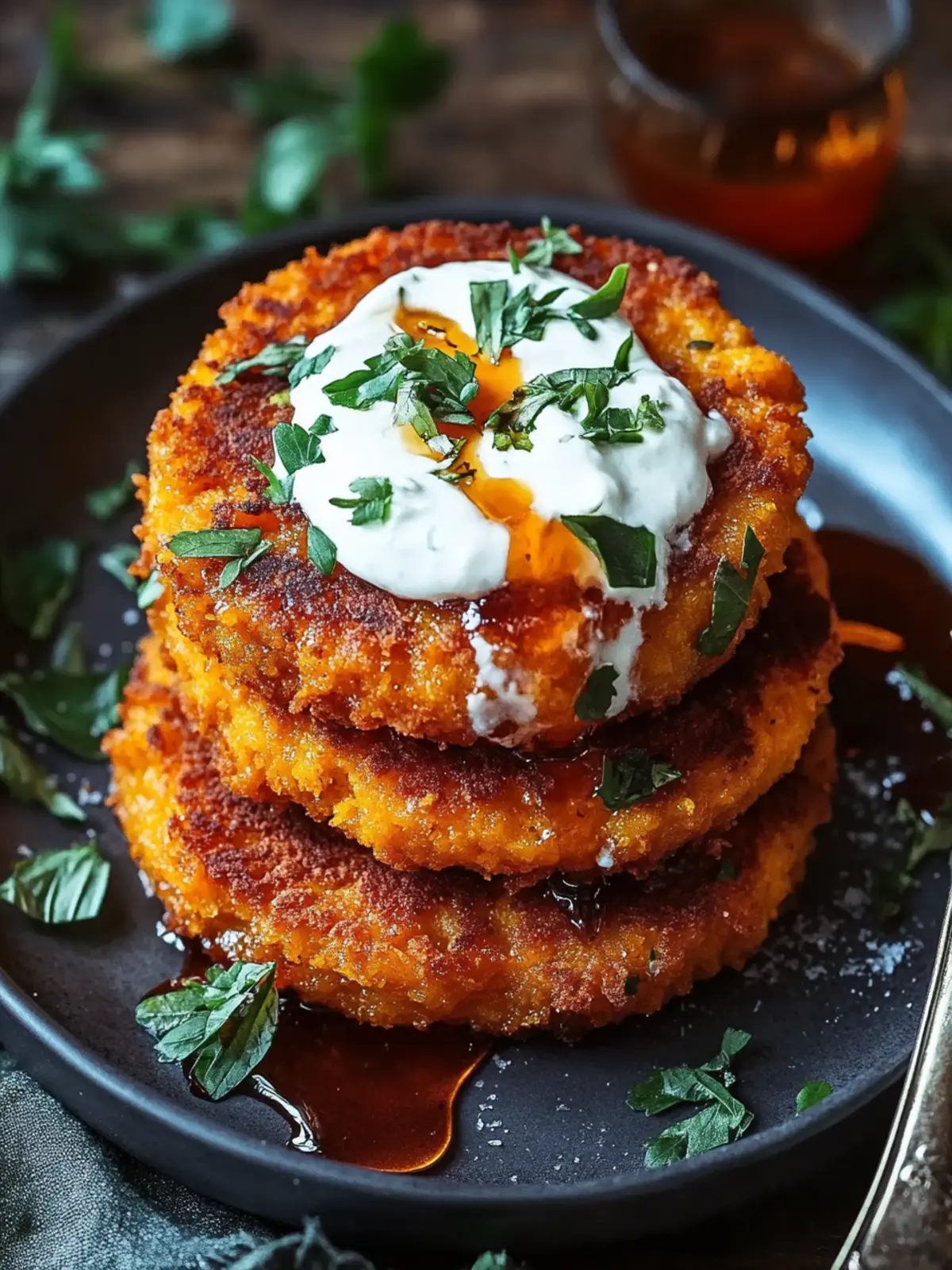 Crispy Sweet Potato Cakes with Feta Cream & Sriracha Honey Bliss 3 Crispy Sweet Potato Cakes with Feta Cream & Sriracha Honey