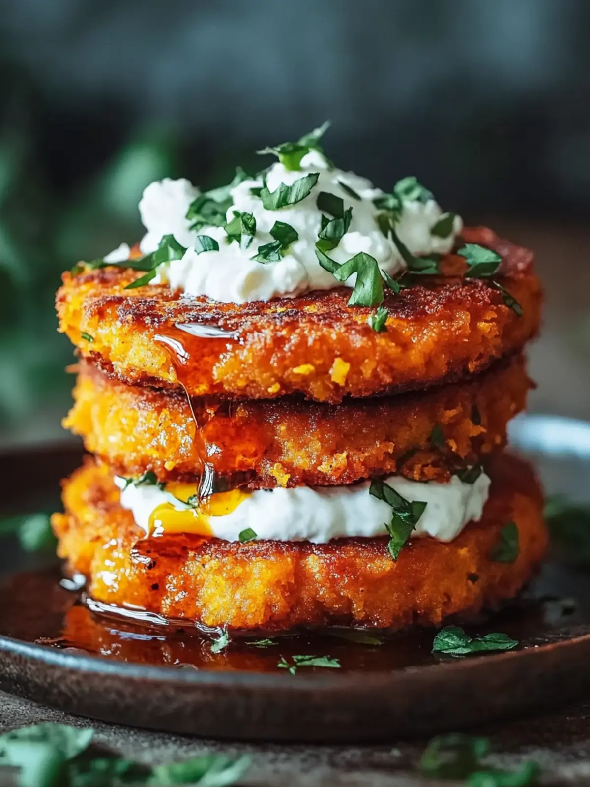 Crispy Sweet Potato Cakes with Feta Cream & Sriracha Honey Bliss 2 Crispy Sweet Potato Cakes with Feta Cream & Sriracha Honey