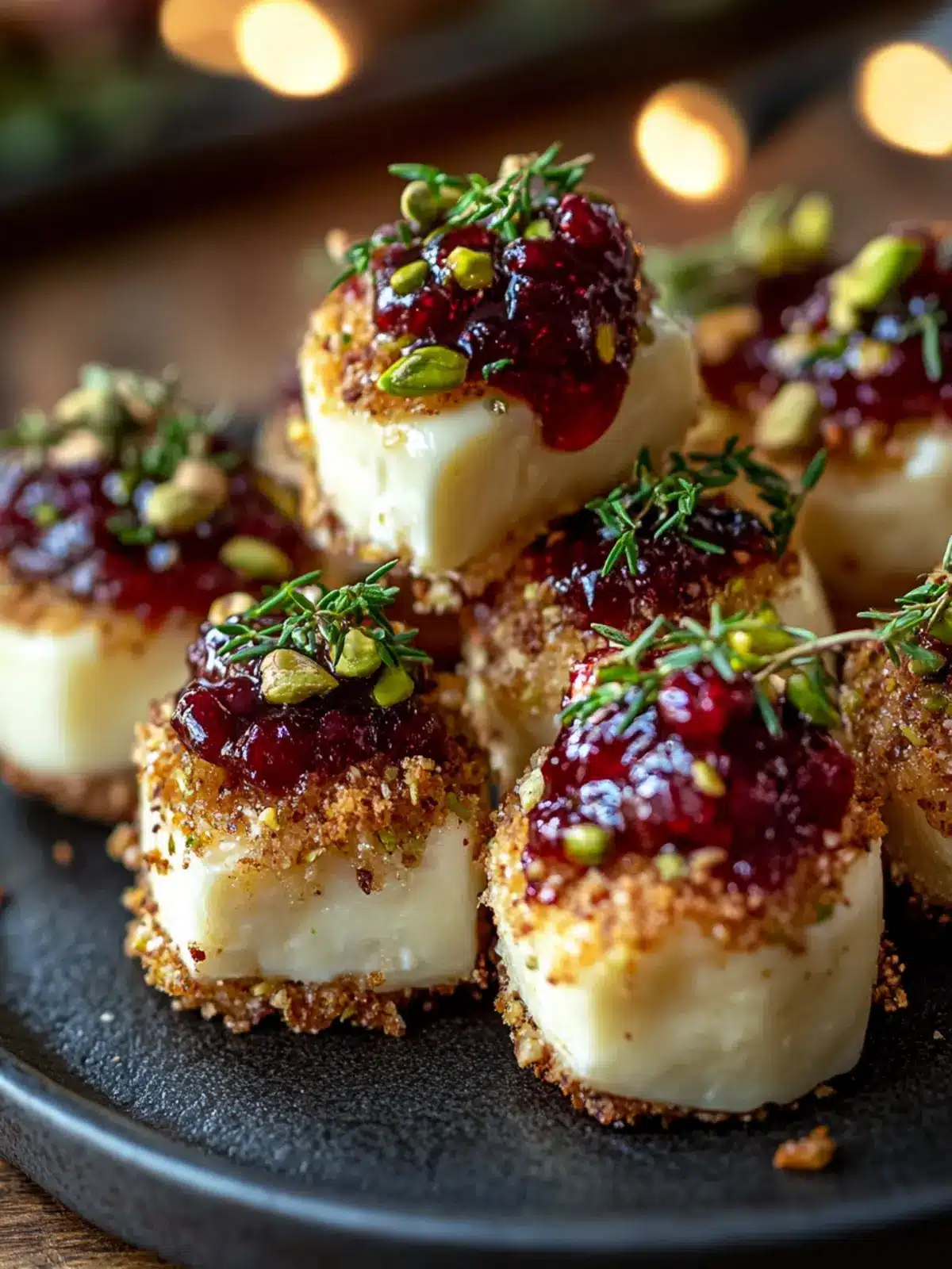 Pistachio Crusted Brie Bites with Cranberry Honey Glaze Delight 3 Pistachio Crusted Brie Bites with Cranberry Honey Glaze